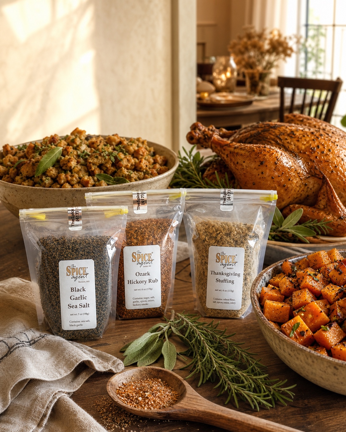 Thanksgiving preparation table with Spice Agent seasonings