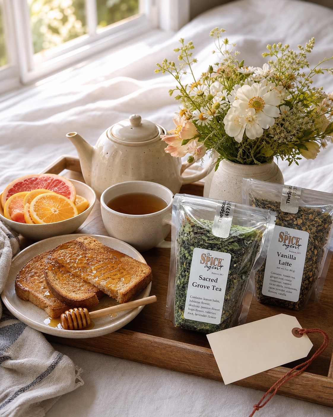 Mother’s Day breakfast with tea, honey, and Spice Agent products