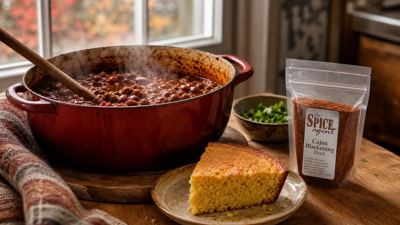Steaming red chili, cornbread, and a clear Spice Agent seasoning pouch by an autumn window