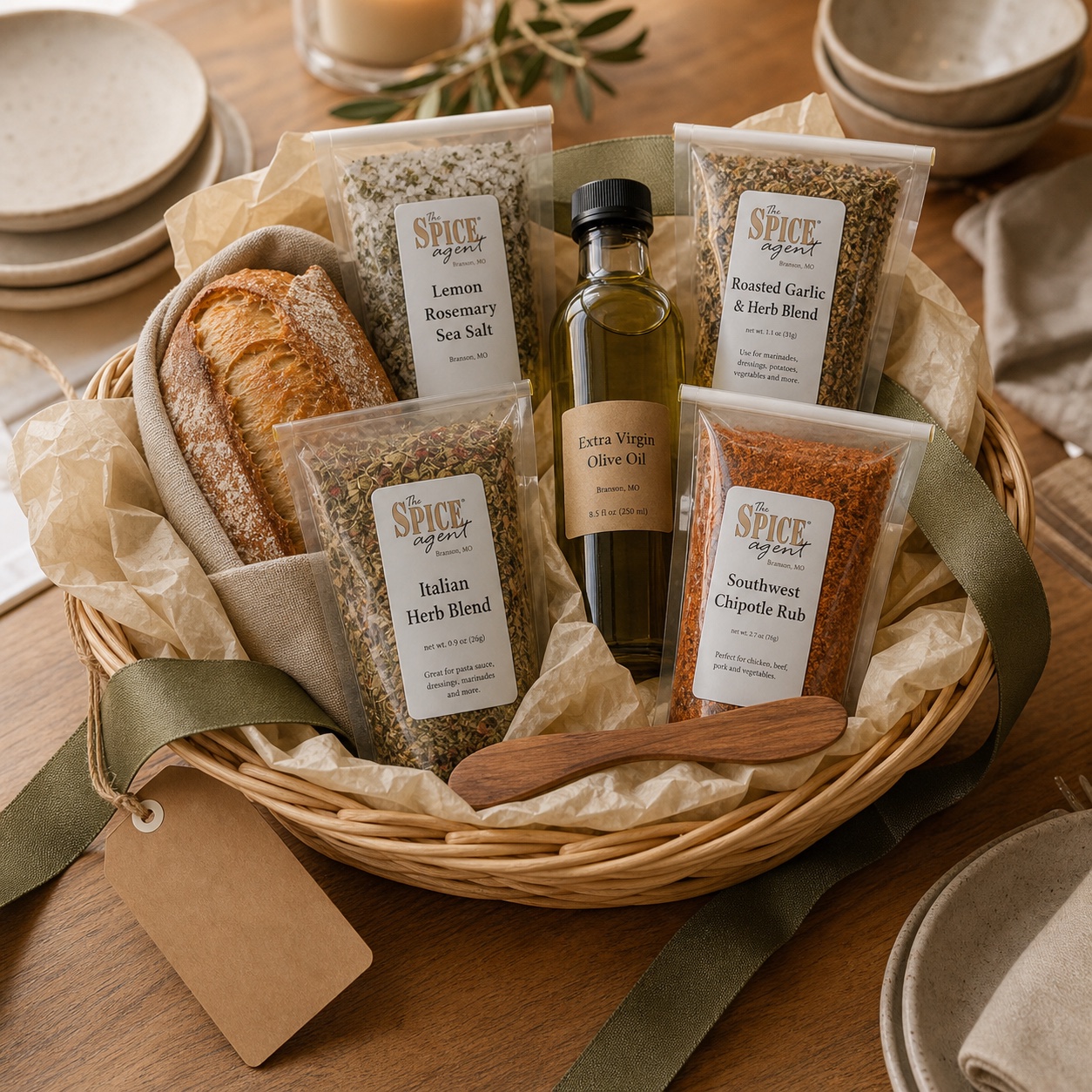 Host gift basket with Spice Agent pouches, olive oil, bread, and a linen towel