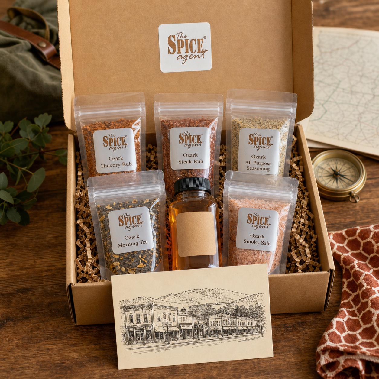 Branson souvenir box with Spice Agent pouches, local honey, and an illustrated postcard