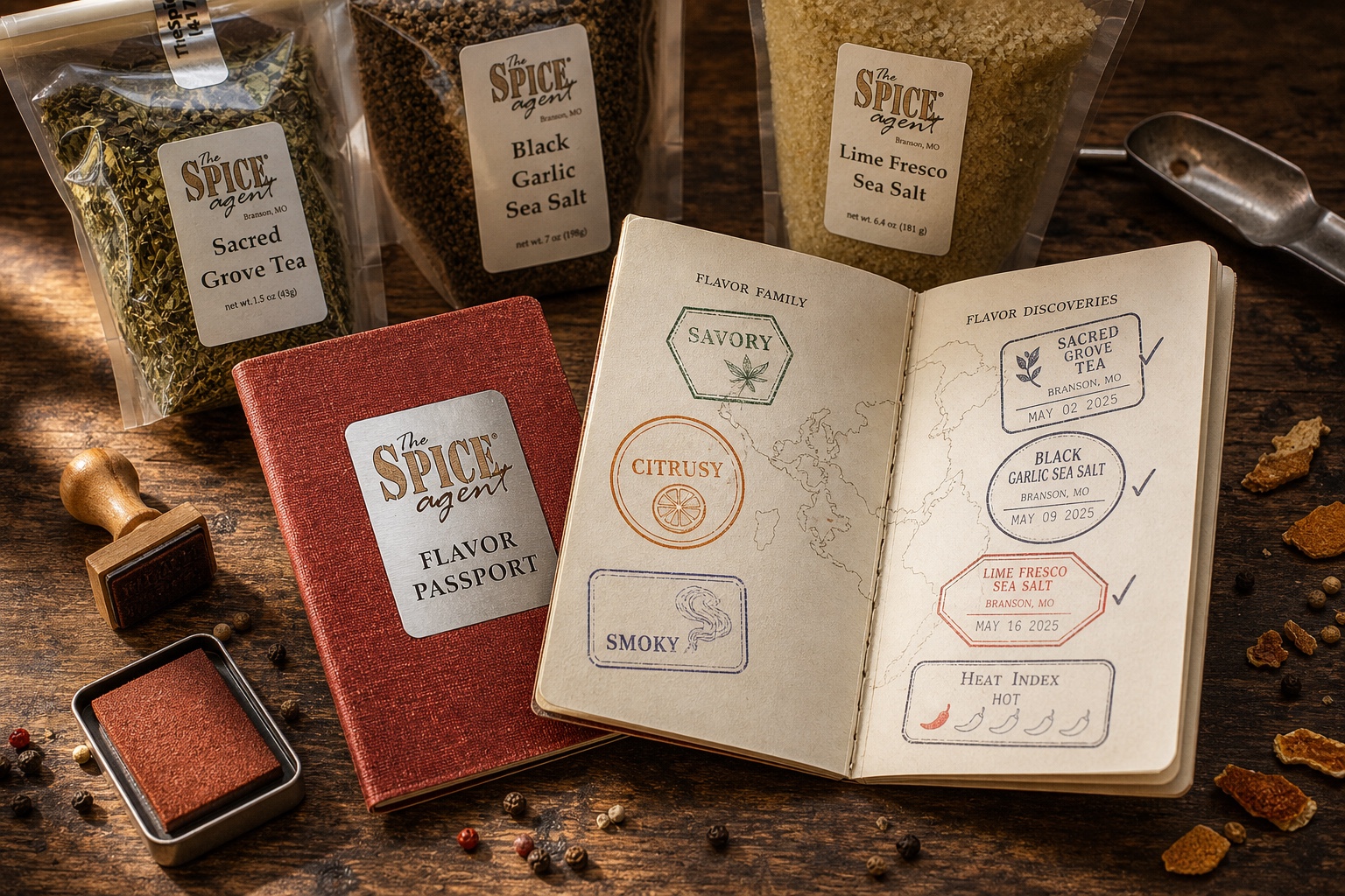A red Spice Agent Flavor Passport opened beside clear spice and tea pouches