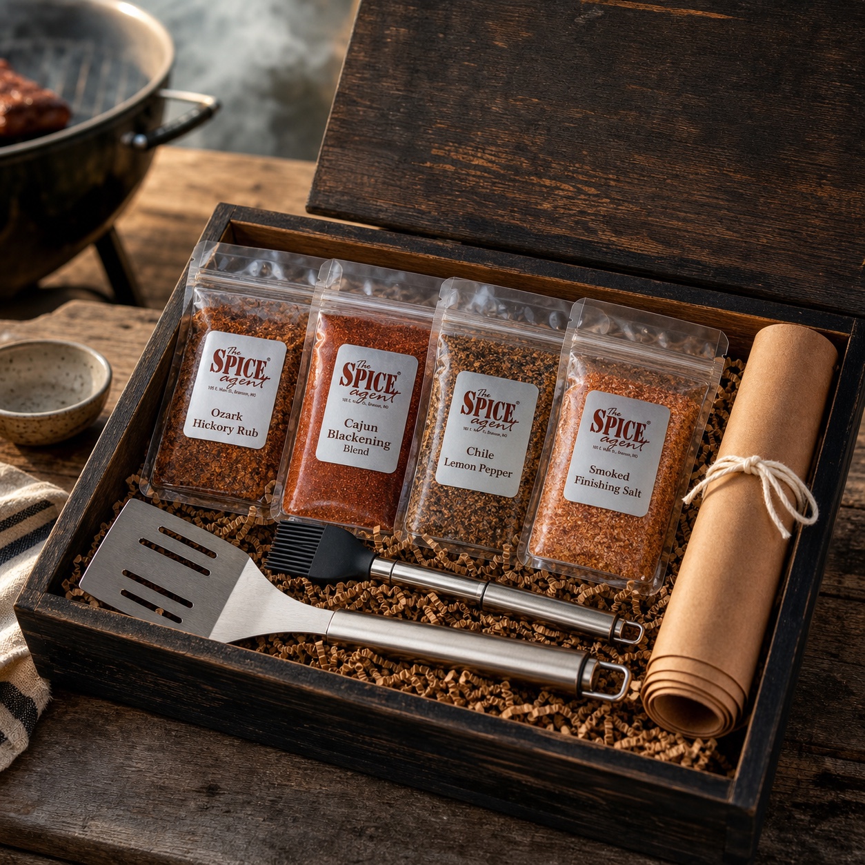 Father’s Day grill kit with Spice Agent pouches, a spatula, and a basting brush