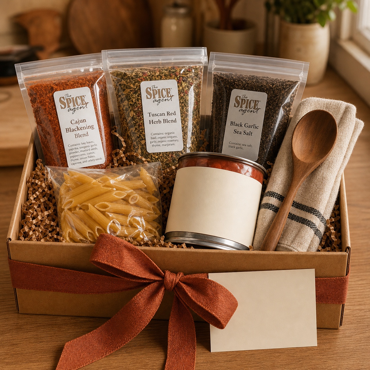 Thinking of You dinner rescue box with Spice Agent pouches, pasta, tomatoes, a spoon, and a note