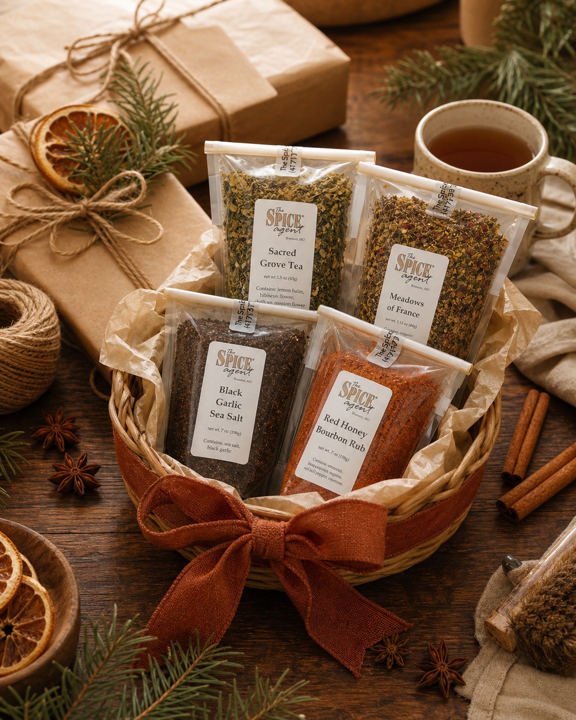 Christmas gift box with Spice Agent tea, salts, and seasonings