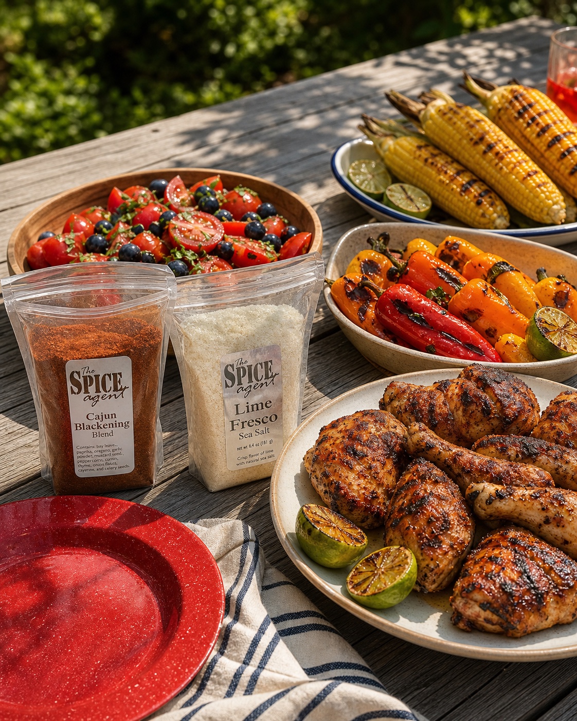 Fourth of July cookout with grilled corn and summer vegetables