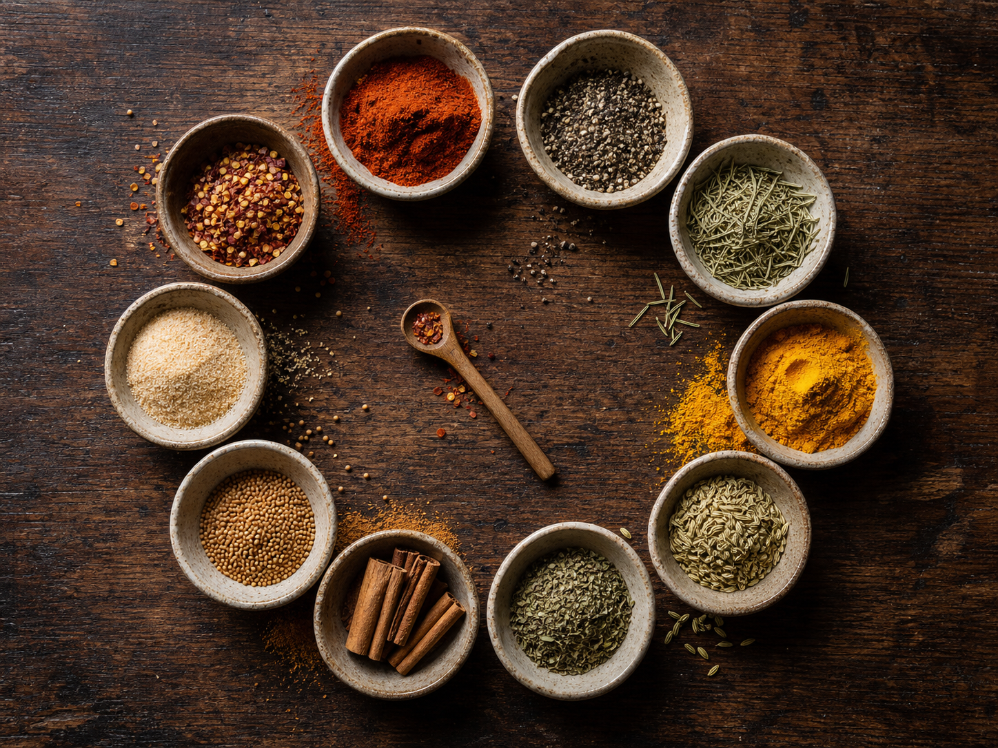 Generated overhead seasoning wheel with ceramic bowls of herbs and spices