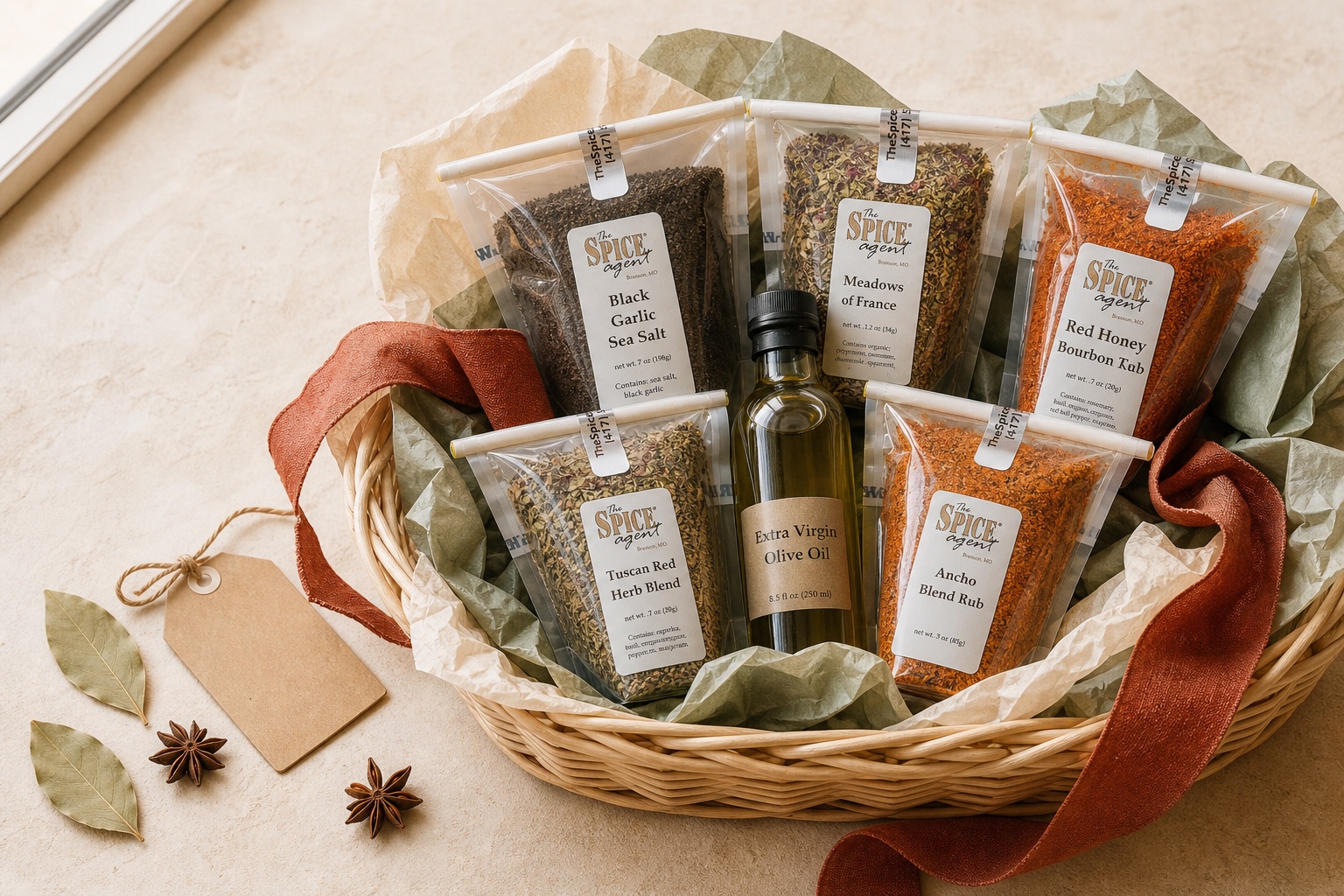 A Spice Agent gift basket with clear pouches, olive oil, muted tissue, and a rust ribbon