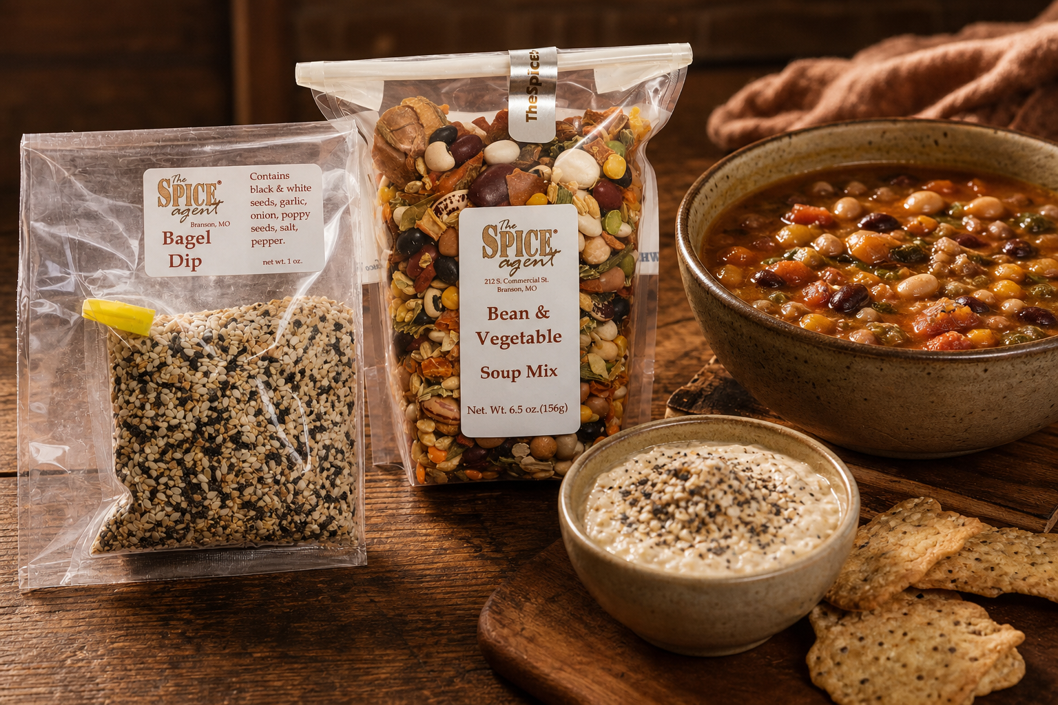 Generated dips and soups category scene with Bagel Dip and Bean and Vegetable Soup Mix