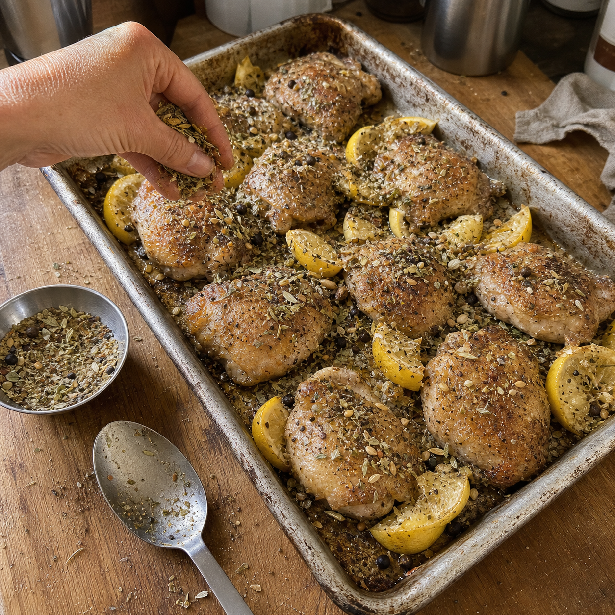 Generated prepared chicken and spice editorial scene