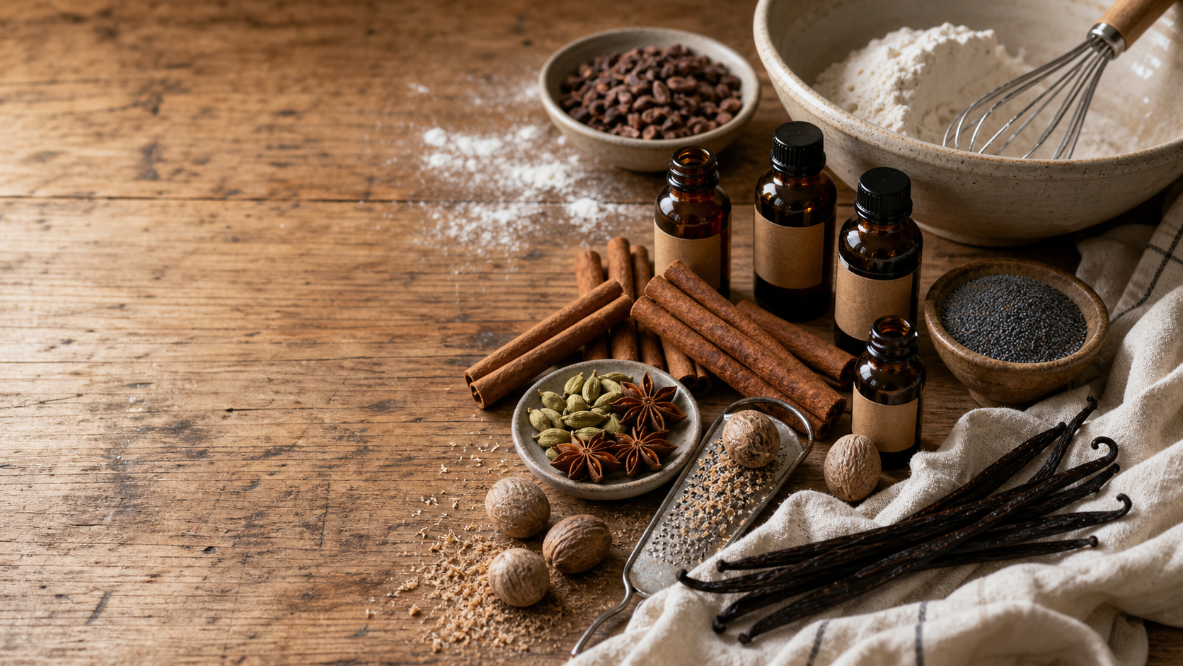Generated baking ingredients still life with vanilla, cinnamon, nutmeg, cardamom, and cocoa nibs