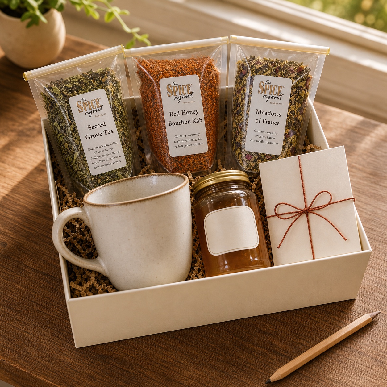 Teacher gift box with Spice Agent tea and spice pouches, a mug, honey, and a note card