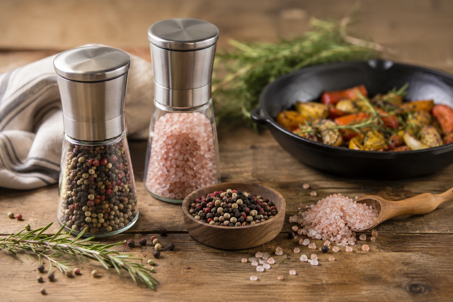 Salt and pepper mills, peppercorns, and pink salt on a wooden table