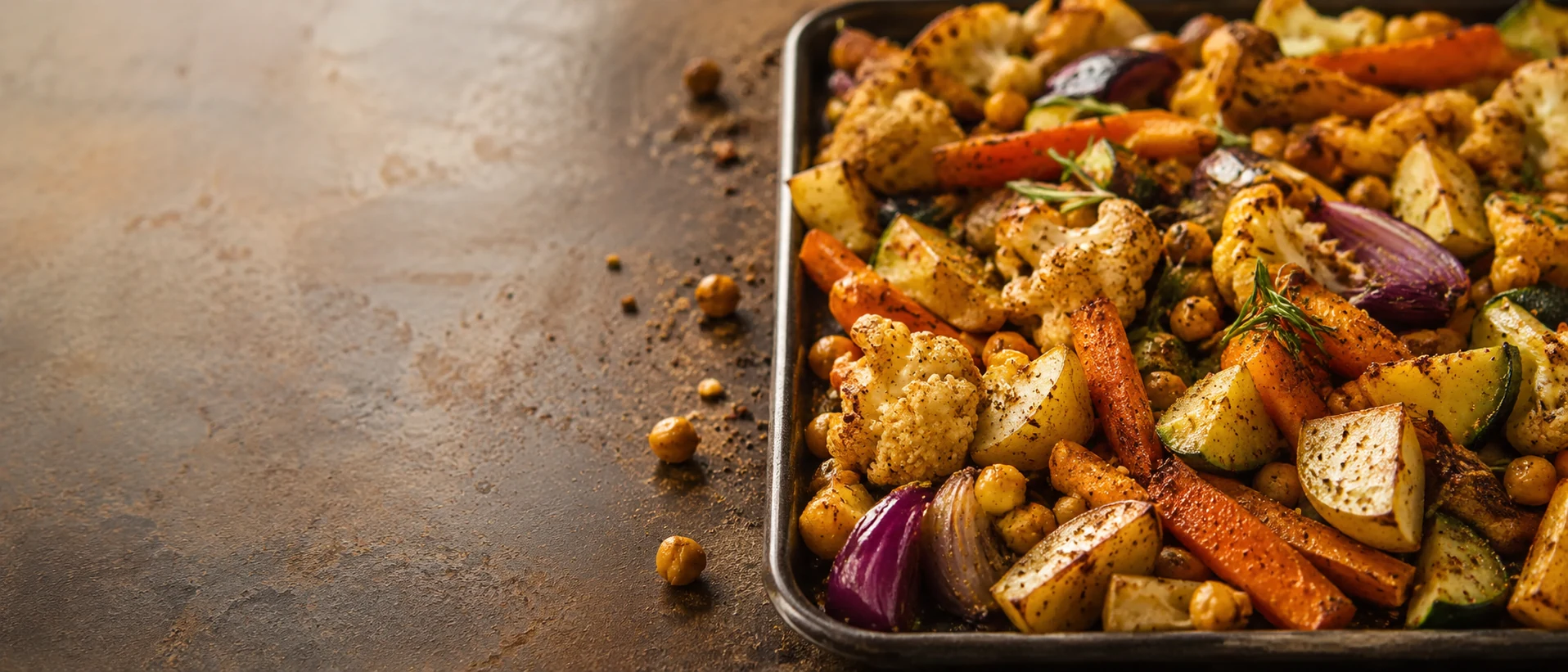 Seasoned roasted vegetables and chickpeas on a sheet pan