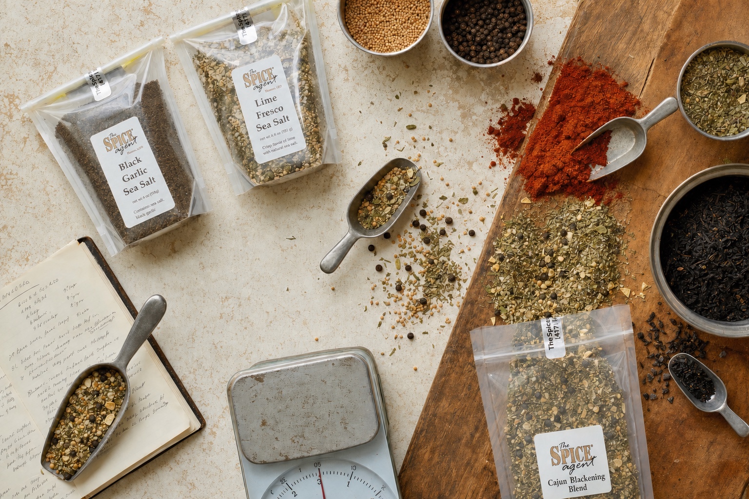 Labeled Spice Agent products, scoops, whole spices, and a scale on a blending table