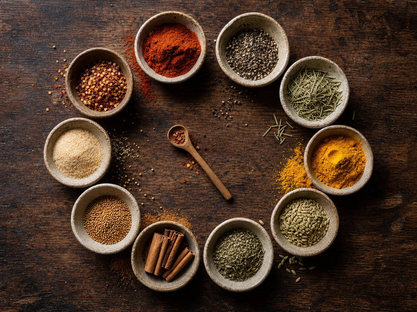 Ten ceramic bowls of herbs and spices arranged in a circle on a worn wood counter