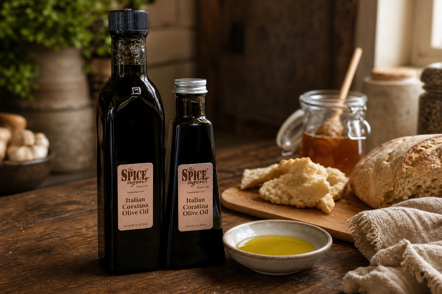 Generated oils and pantry goods category scene with Coratina olive oil, bread, and honey