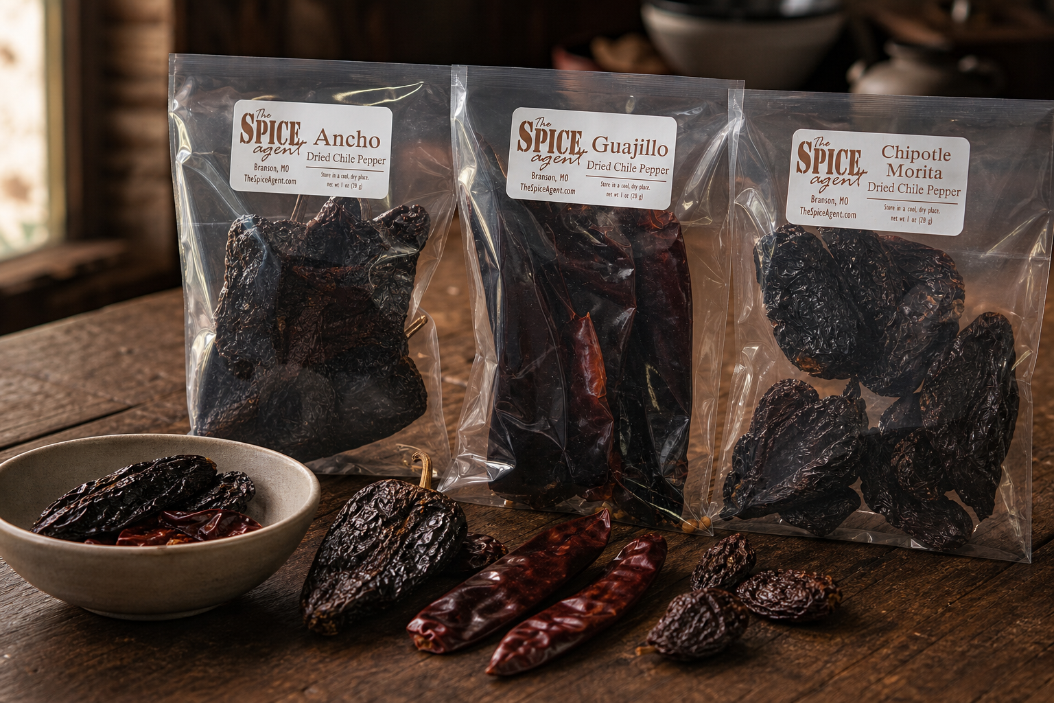 Generated dried chile category scene with ancho, guajillo, and chipotle morita pouches