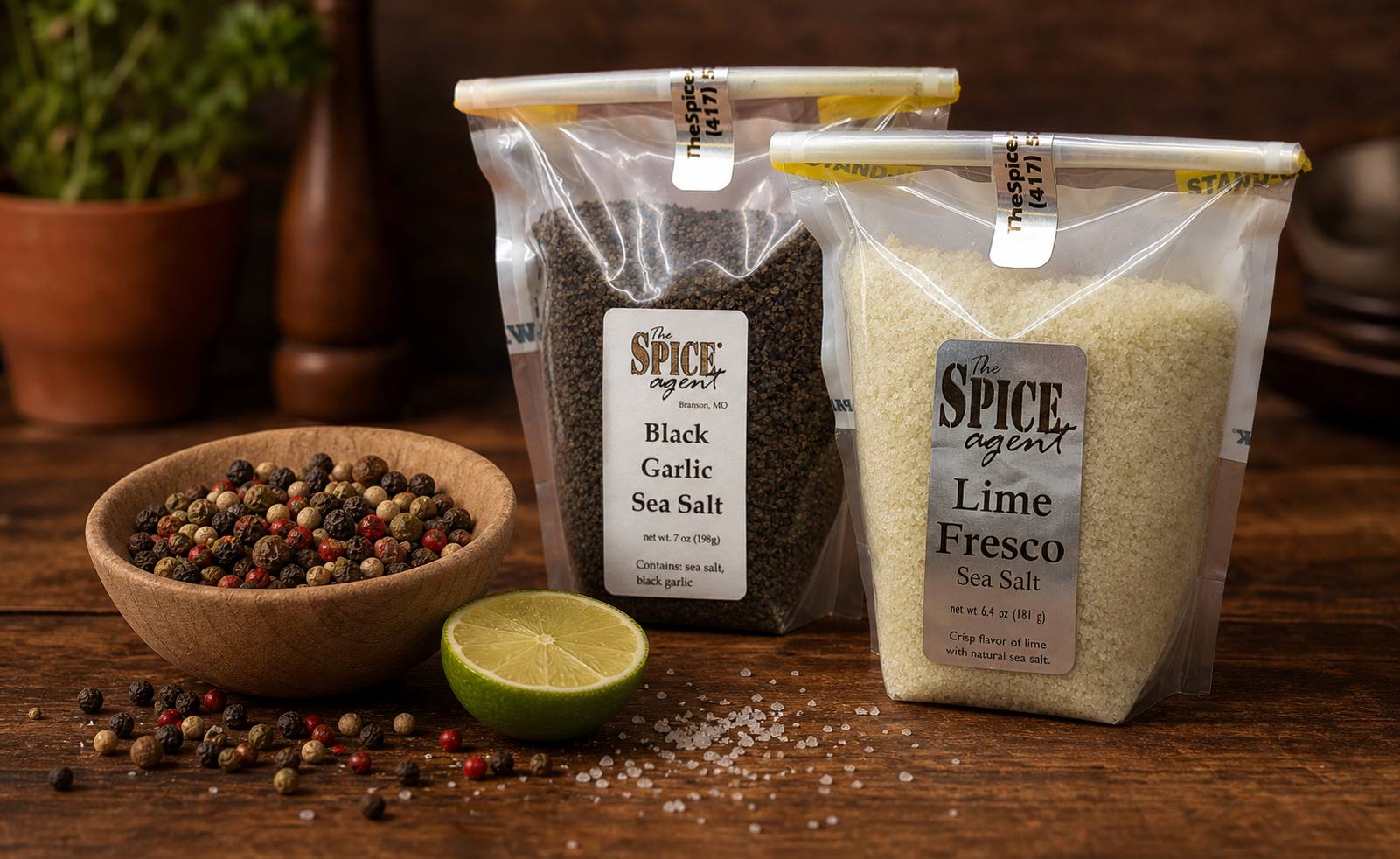 Generated salts and peppercorns category scene with Black Garlic and Lime Fresco pouches