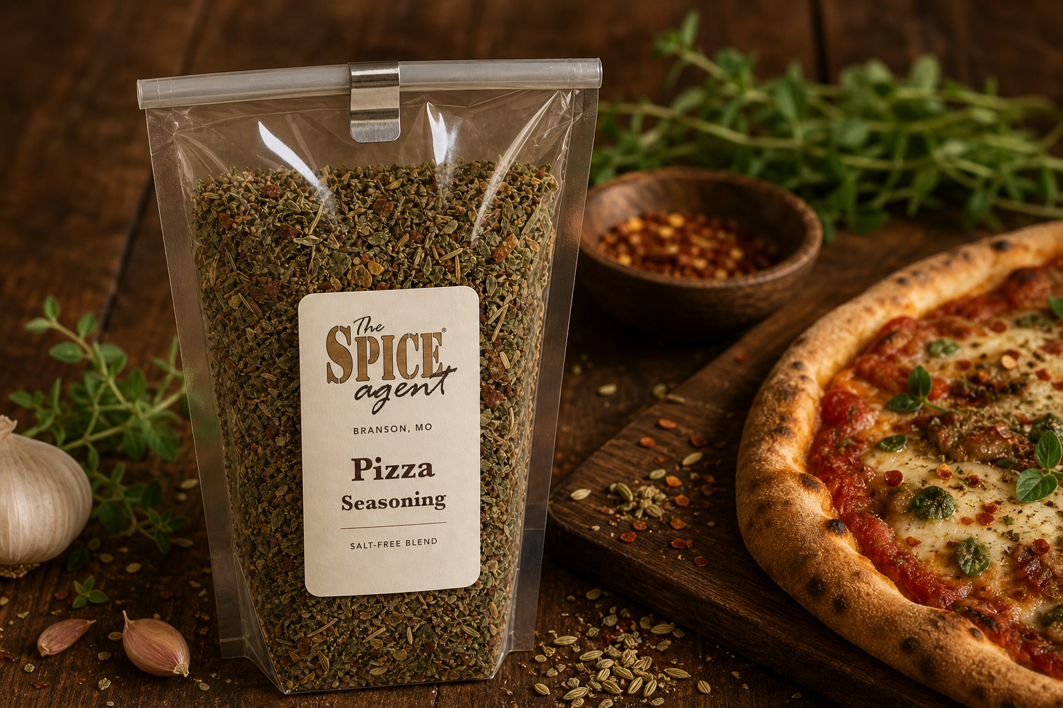 Generated salt-free seasonings scene with a Pizza Seasoning refill pouch and pizza