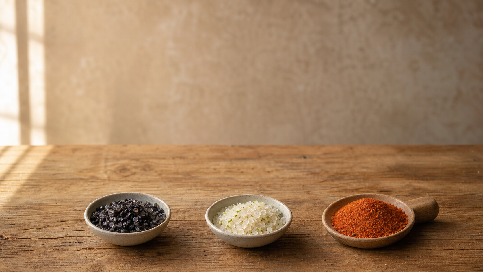 Three bowls of dark salt, pale citrus salt, and red seasoning on a wooden blending table