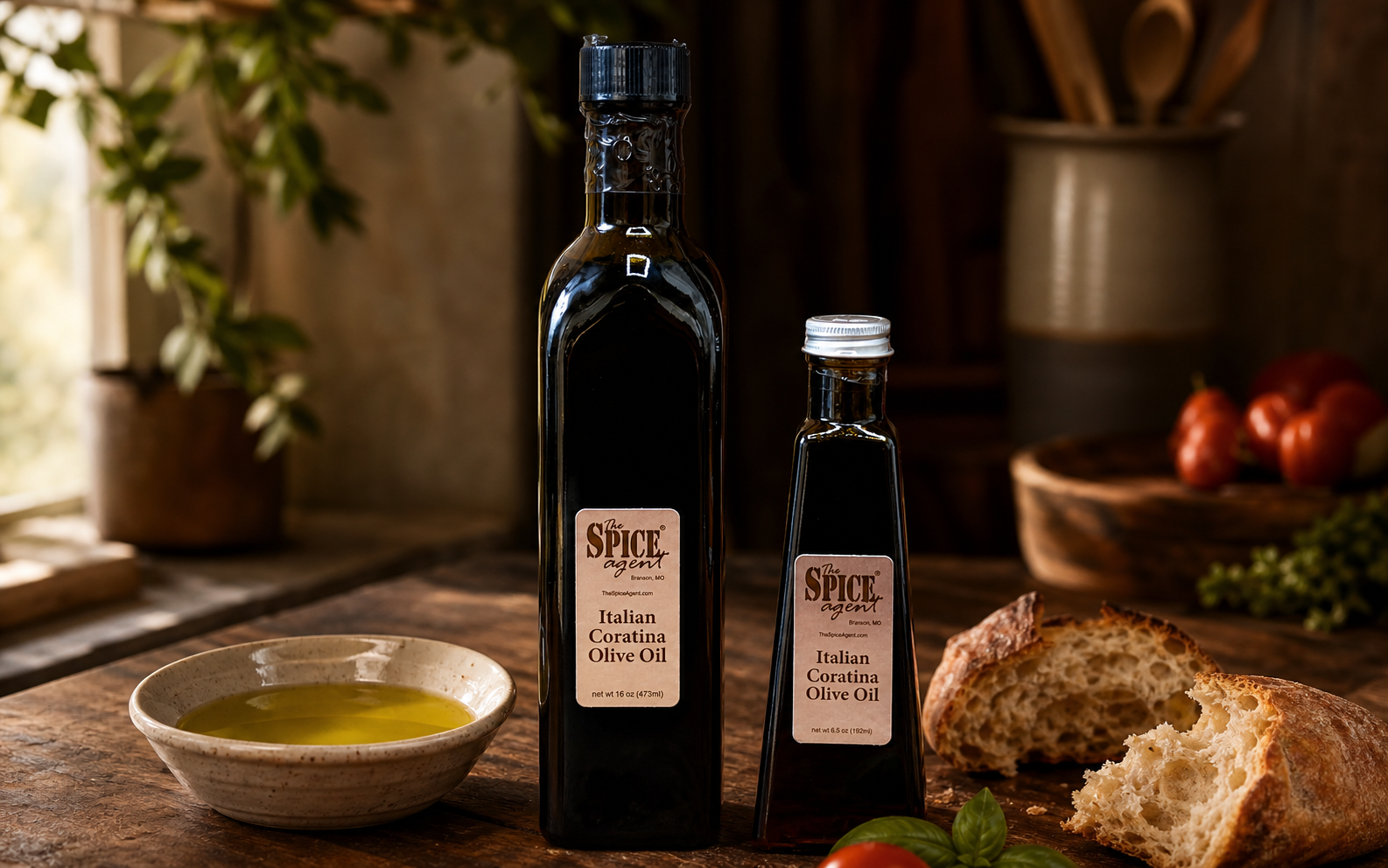 Generated olive oil category scene with two Coratina bottles and bread