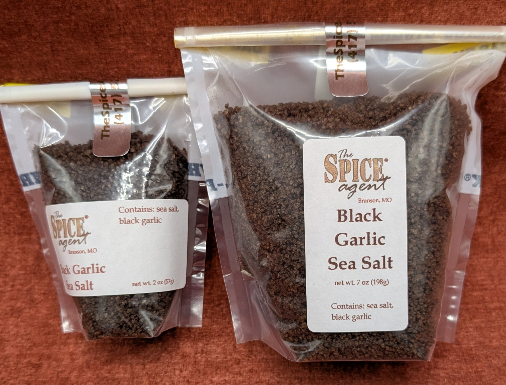 Actual small and large refill bags of Black Garlic Sea Salt