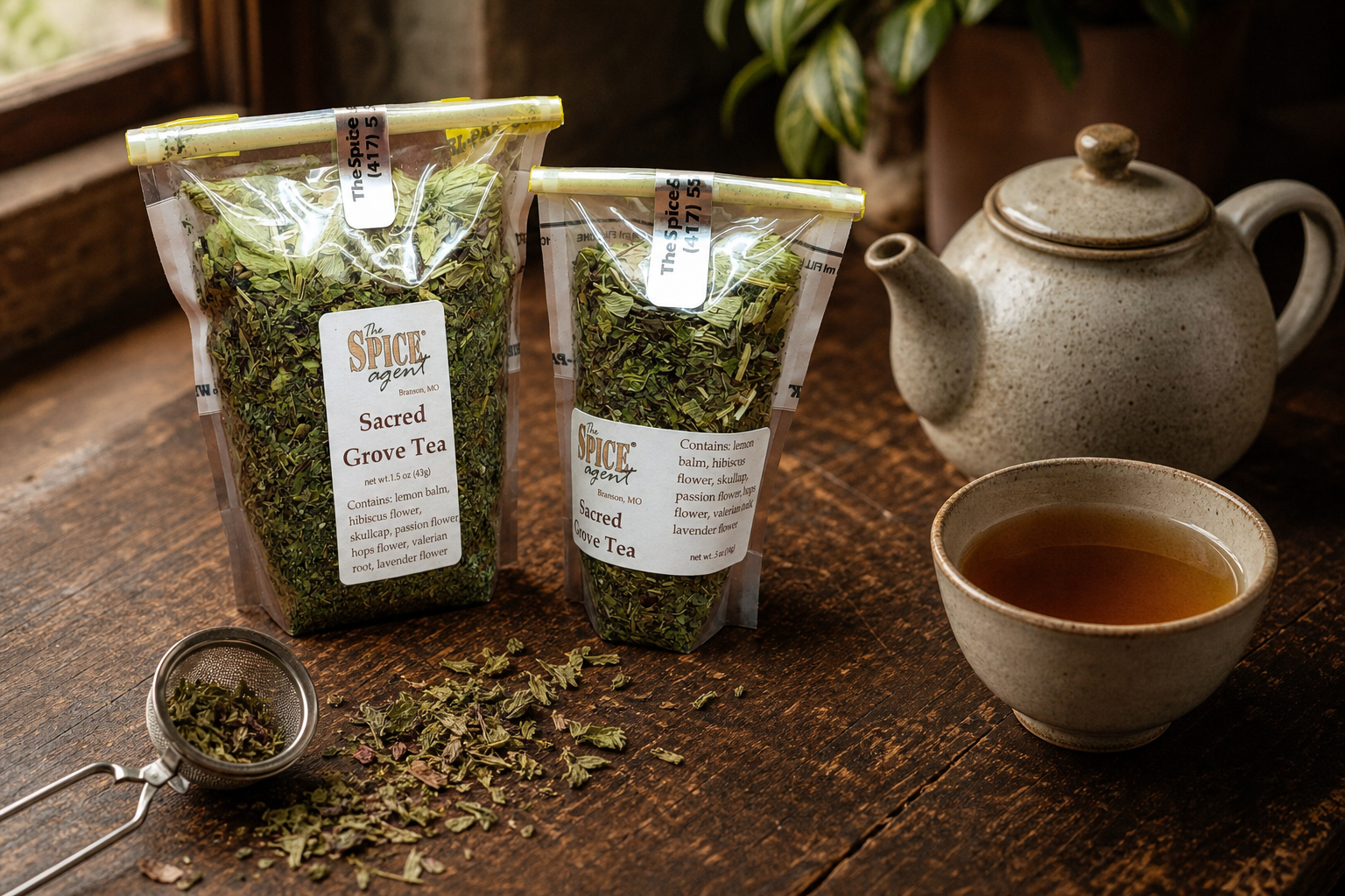 Generated loose-leaf tea category scene with Sacred Grove tea pouches
