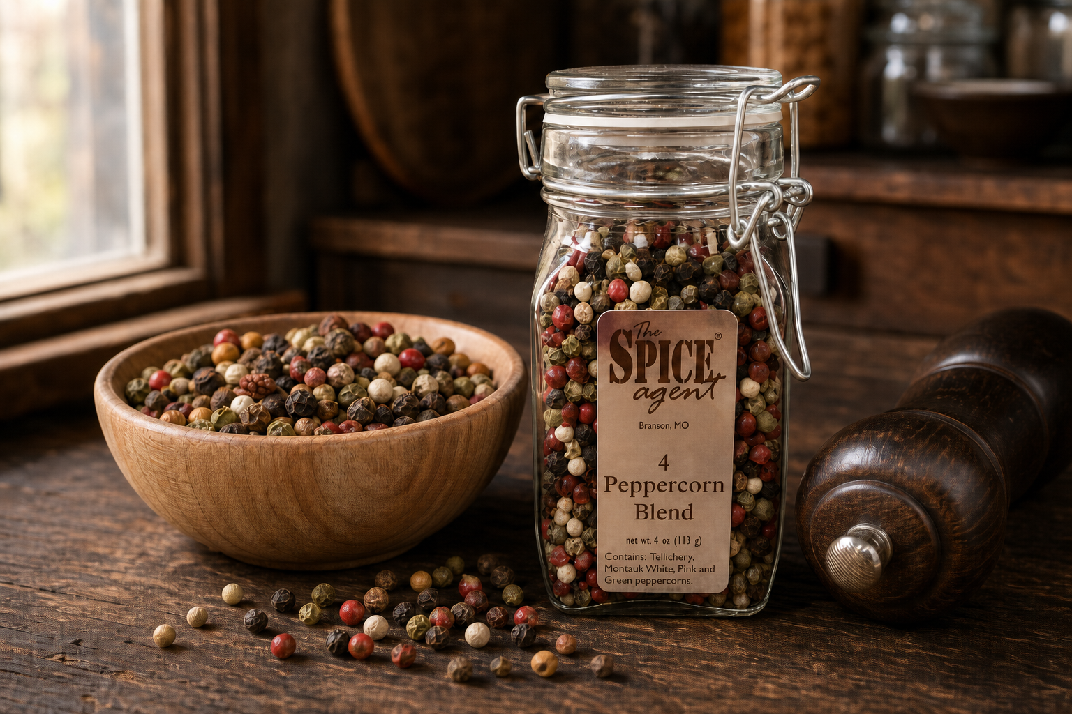 Generated peppercorn category scene with a jar, bowl, and wooden pepper mill